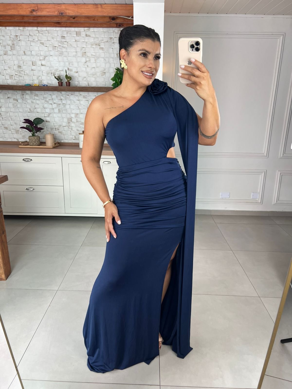 Vestido Festa Azul Capa Lateral